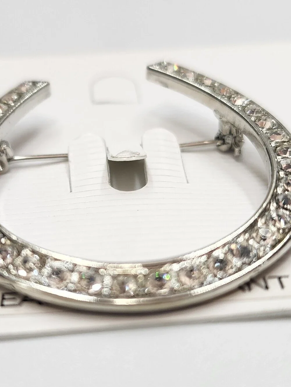 Vintage Rhinestone Silver Tone Horseshoe Brooch New On Card 2